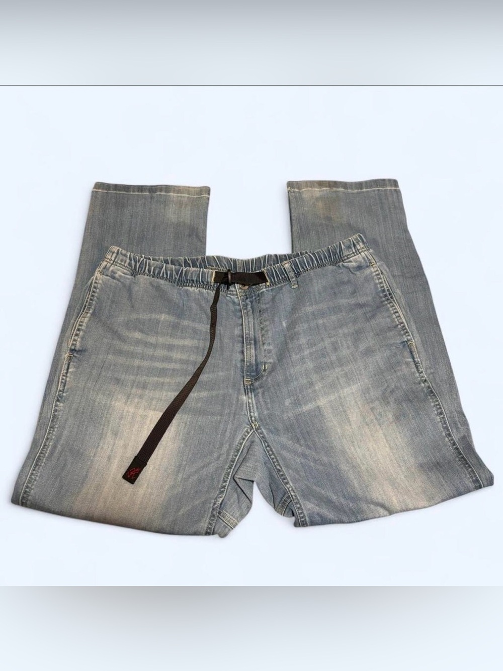 Gramicci Loose Tapered Stretch Climbing Jeans Light Wash Belted Sz XL Distressed